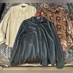 3 Long Sleeve Button Up Shirts L, Sharp & Modern, Brown Satin & Black Stretch